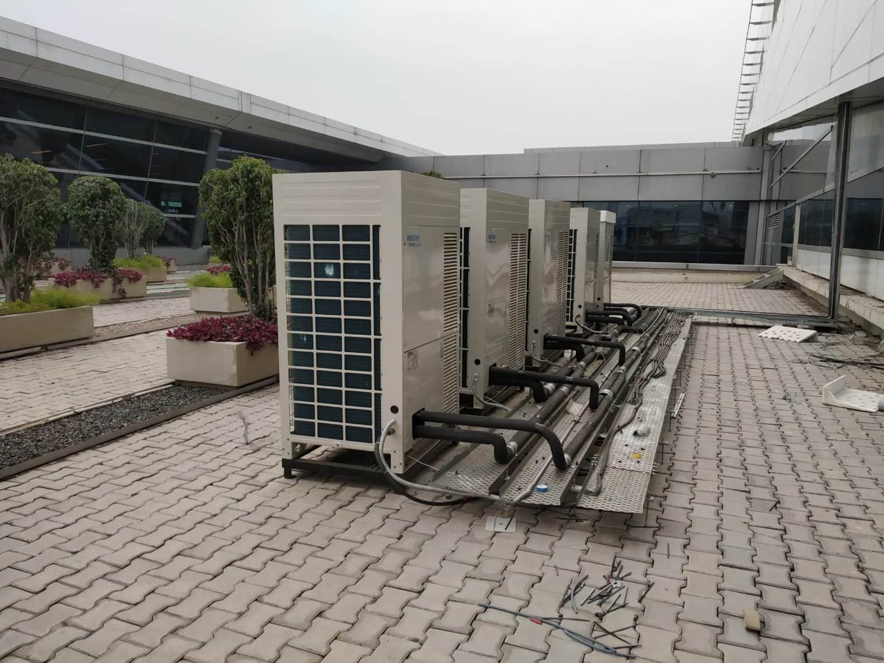 Outdoor HVAC units with installed connection pipework