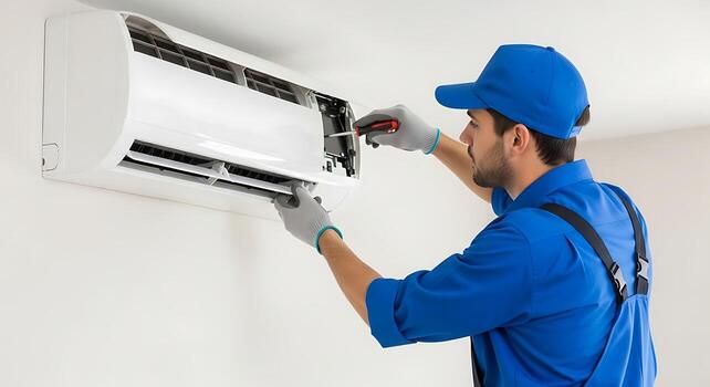 Technician repairing a residential split air conditioner